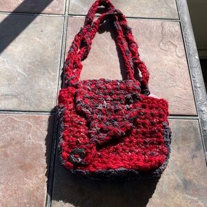 Red & Gray Crochet Crossbody Bag with Braided Strap